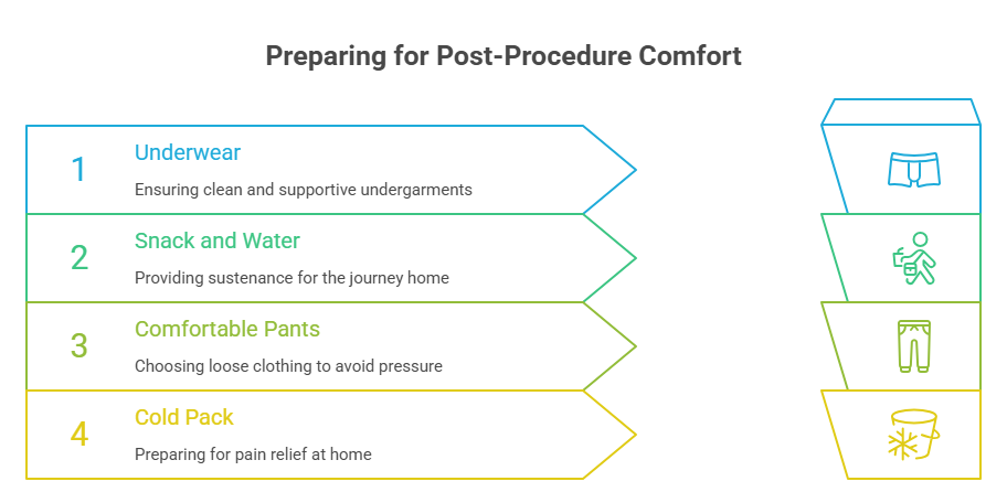 An infographic showing how to prepare for a vasectomy. It lists four steps: supportive underwear, a snack and water, comfortable pants, and a cold pack for pain relief.