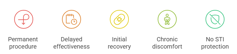 A graphic displaying icons related to vasectomy pros and cons considerations. It highlights five key factors: permanent procedure, delayed effectiveness, initial recovery, chronic discomfort, and no STI protection.