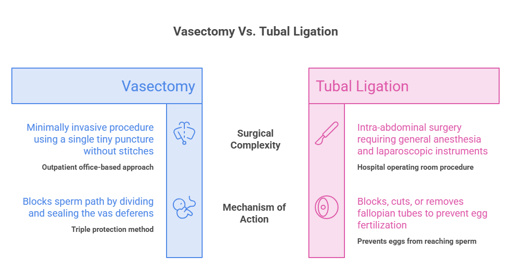This image discusses the key differences between vasectomy vs. tubal ligation by explaining both procedures.