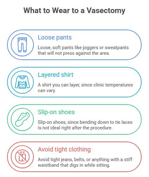 An infographic titled "What to Wear to a Vasectomy" giving clothing recommendations. It lists loose pants, a layered shirt, and slip-on shoes while advising to avoid tight clothing, stiff waistbands, or belts.